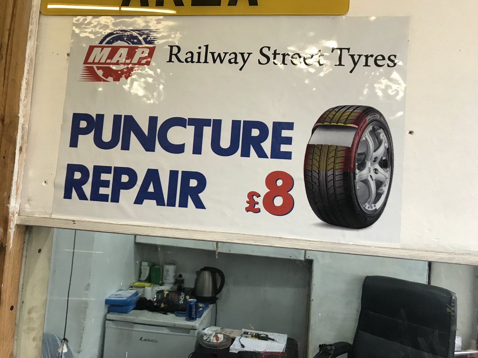 The workshop poster for M.A.P. Railway Street Tyres advertising puncture repair for £8